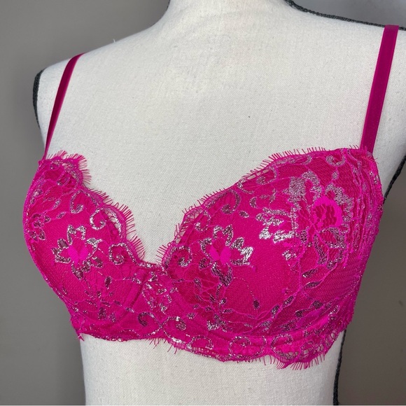 Victoria’s Secret Dream Angels Lined Demi Underwire Bra Pink Silver Lace 32C NWT - Picture 4 of 8